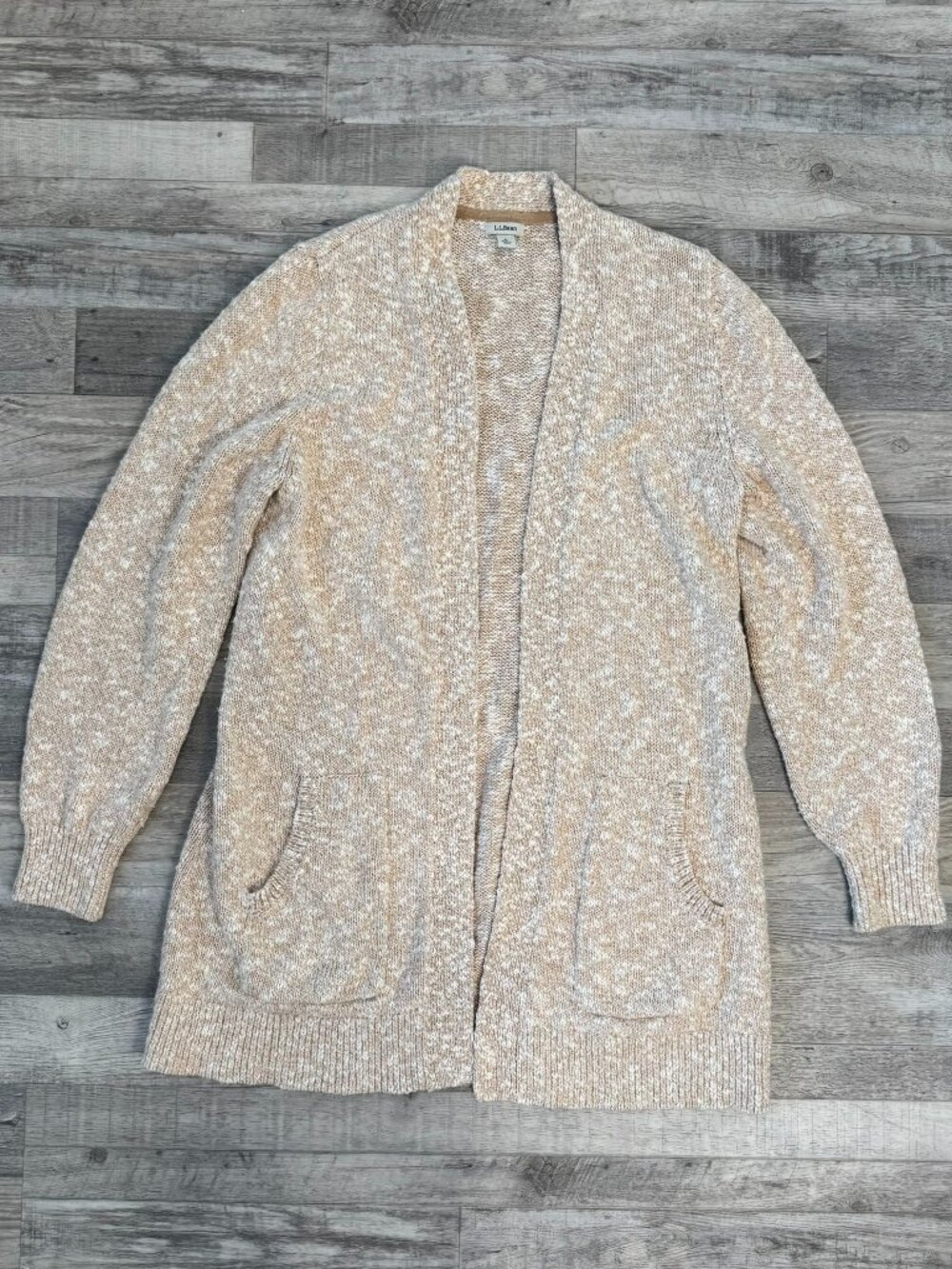 L L Bean heather beige open front sweater cardigan size large